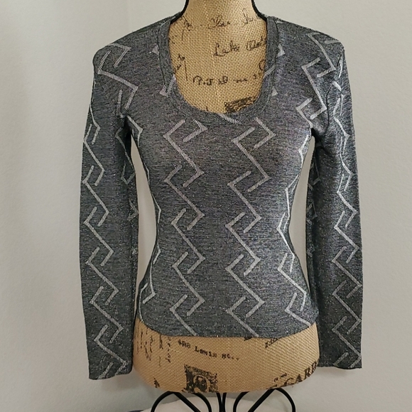 Black gray silver metallic Abstract print top SM EUC club party - Picture 1 of 6